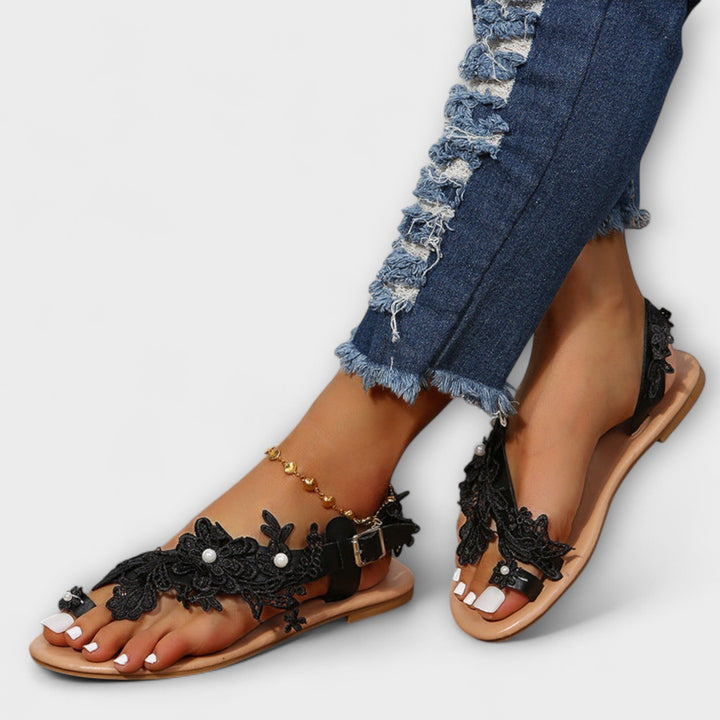 Boho - Sandalias cómodas con flores y tiras en el tobillo