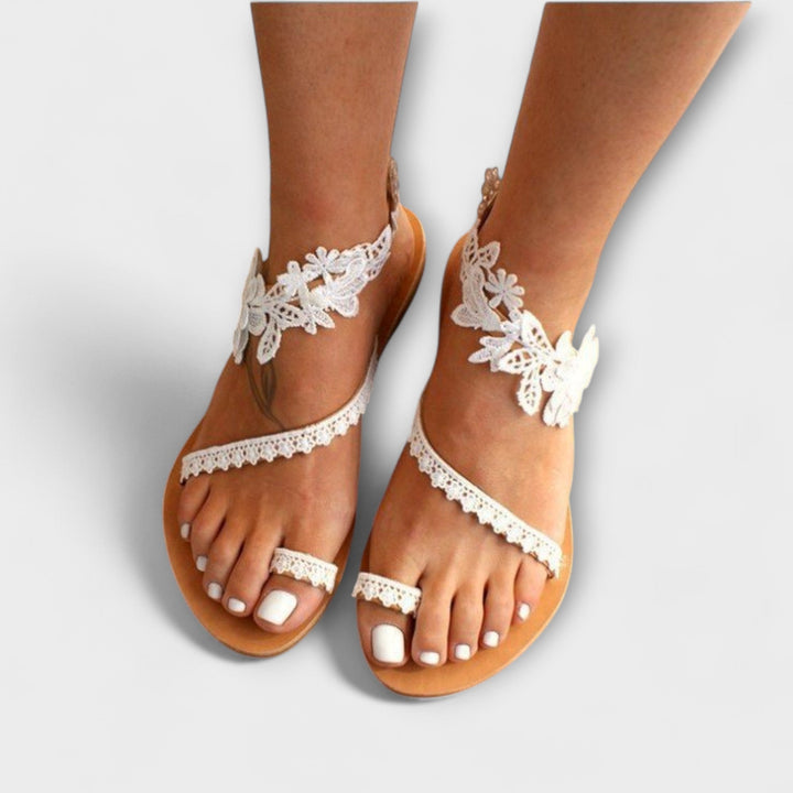 Boho - Sandalias cómodas con flores y tiras en el tobillo