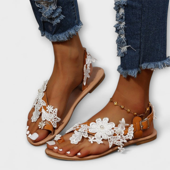 Boho - Sandalias cómodas con flores y tiras en el tobillo
